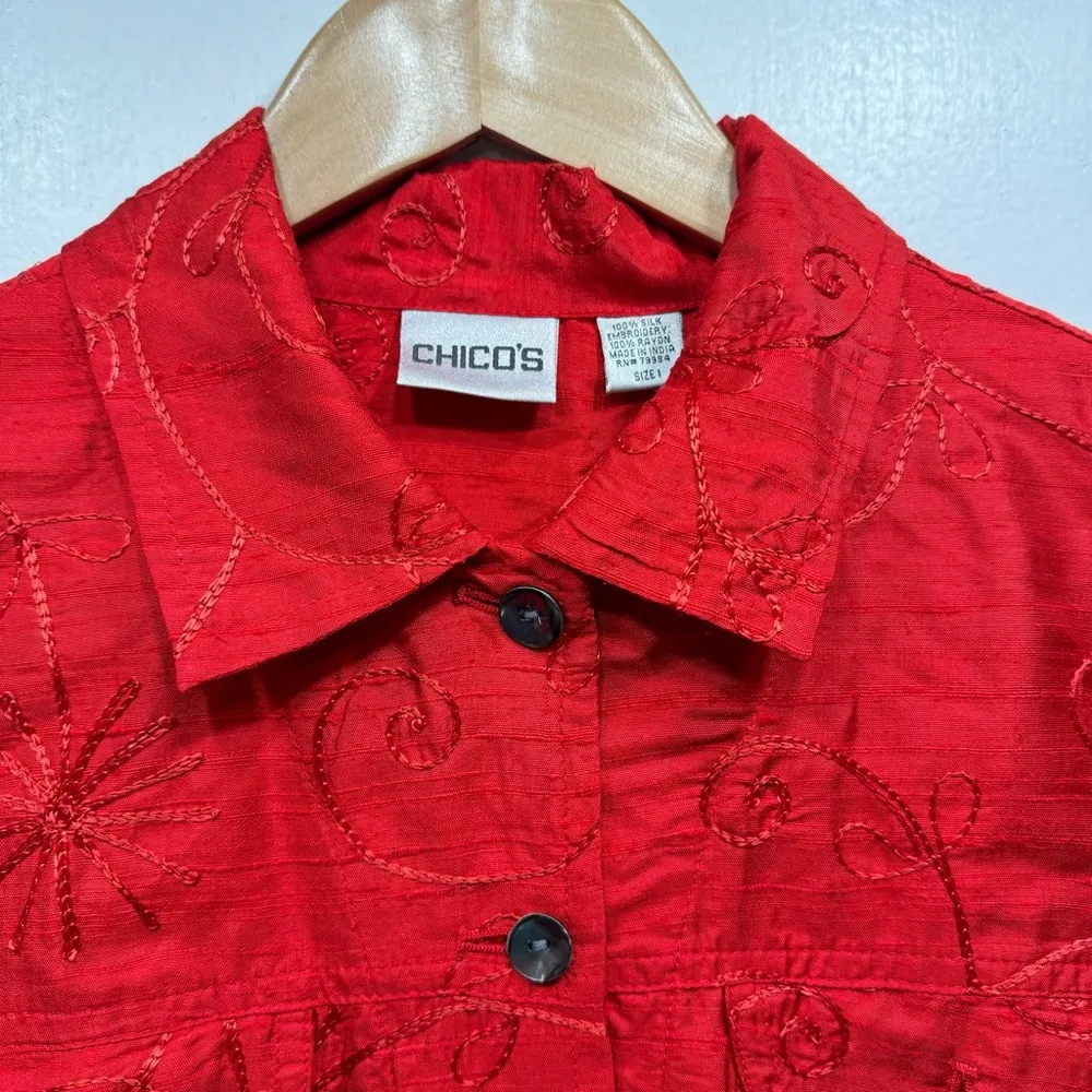 Chico’s Red 100% Silk Alicia Shirt Jacket Button Front w Embroidered Flowers 1/M - Image 4