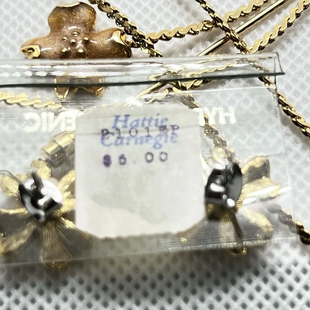 VTG Hattie Carnegie Peach Enamel Dogwood Lariat Bolo Necklace/Earrings/Pin Set Gold - Image 11