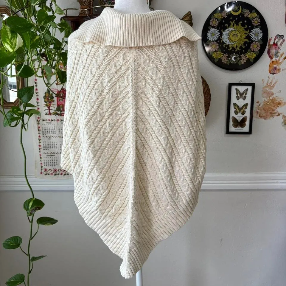 Vintage Y2K Tommy Jeans OSFM Cream Cable Knit Button Up Earthy Poncho Slip On - Image 3