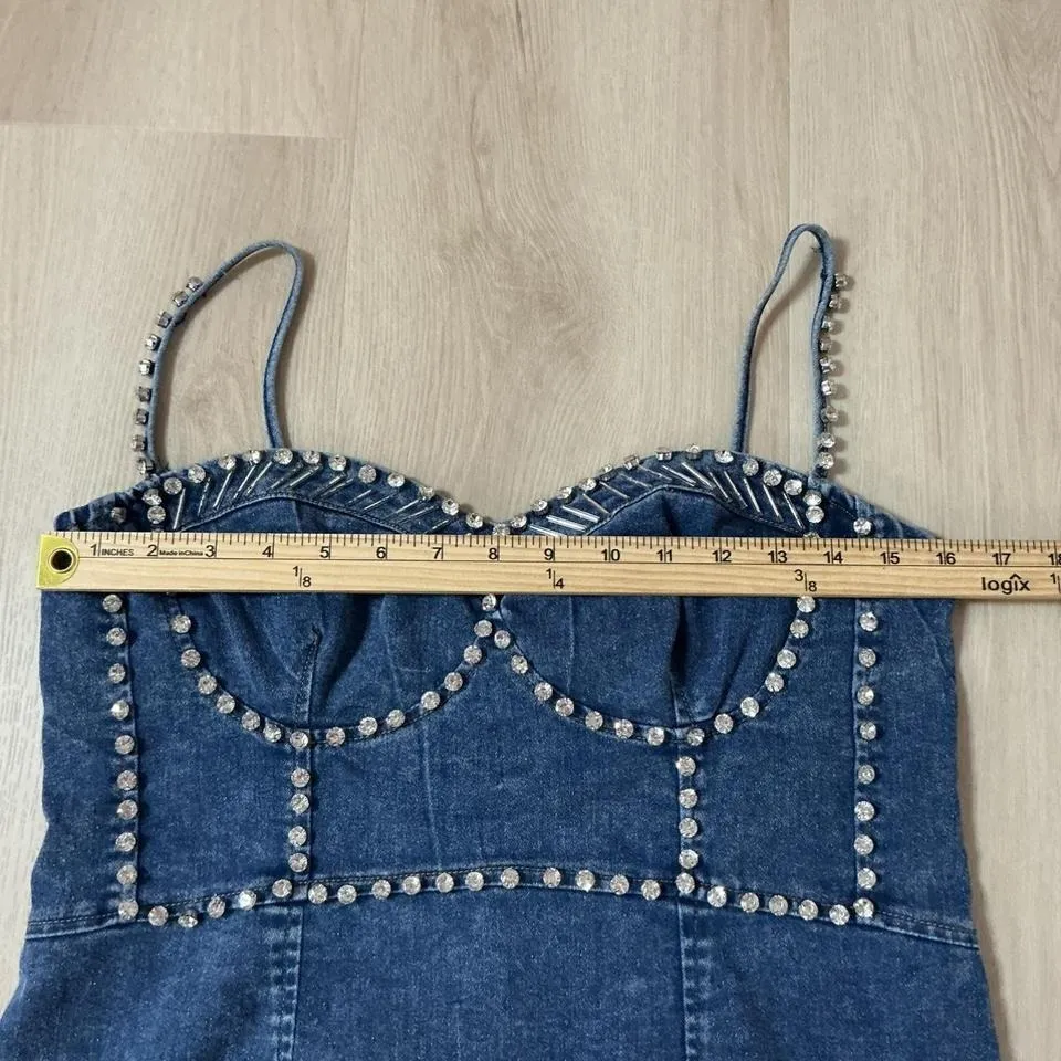 SALT Denim Mini Dress Studded Bustier Spaghetti Straps Blue Jean Party Grunge Size M - Image 3