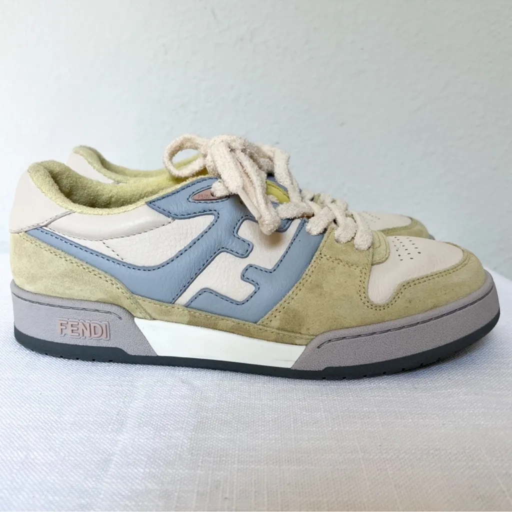 Fendi Match Sneakers Pastel Yellow Suede White & Light Blue Leather - Image 3