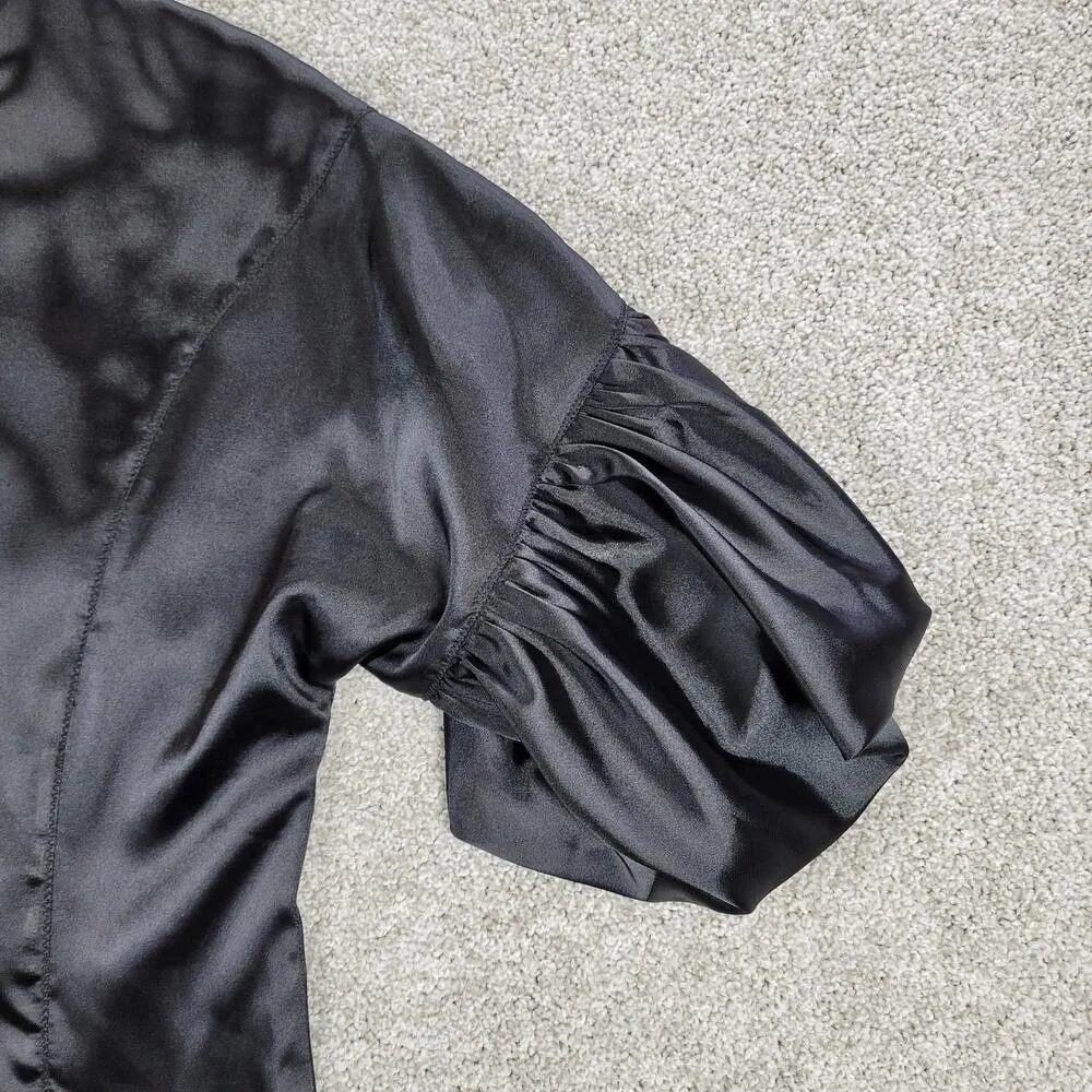 Vintage Max Studio Satin Top Womens M Black Puff Sleeve Button Up Whimsigoth - Image 13