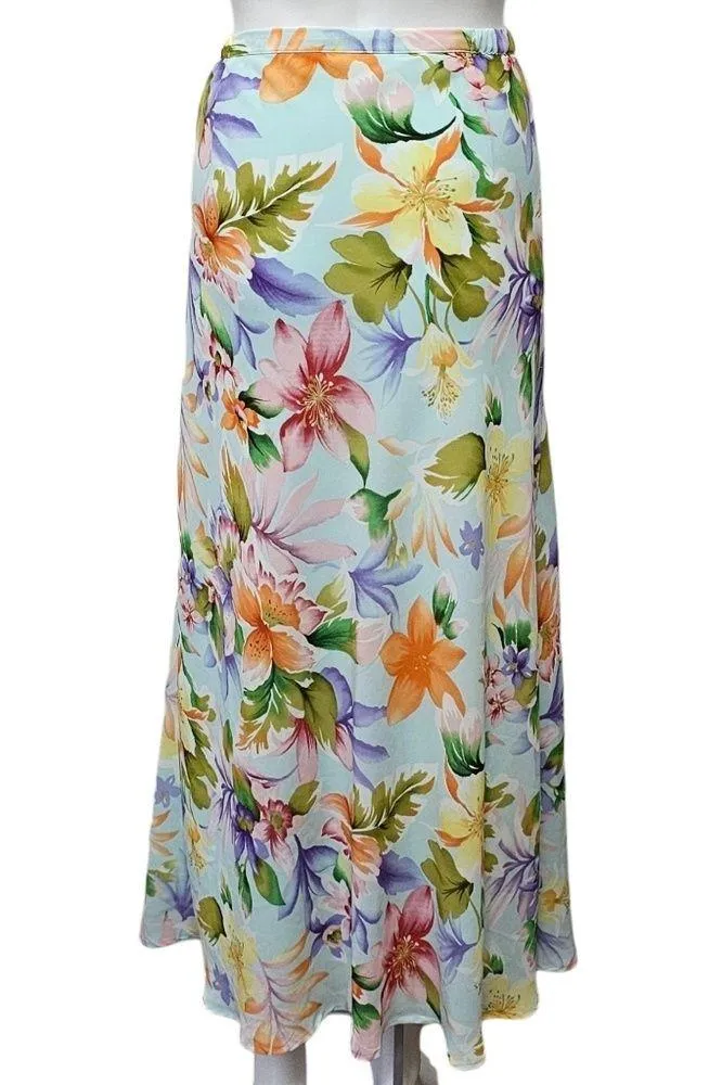 Jaclyn Smith Y2K Aqua Tropical Floral Chiffon Midi Skirt Size 16 - Image 4