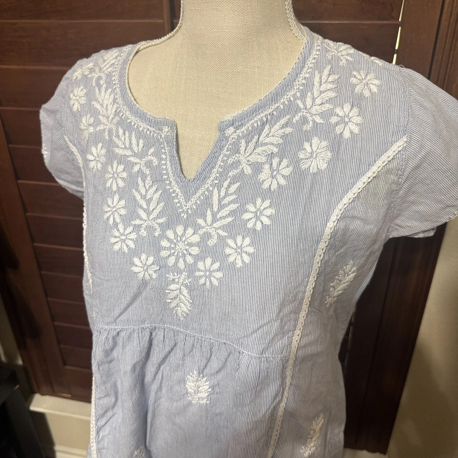 Jayshree Dalal Blue White stripe Peasant Boho Dress Size M Embroidered Cottage M Size M - Image 2