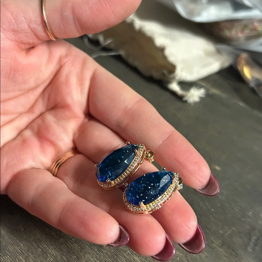 Royal Blue Teardrop Cracked Glass Earrings with Gold Accents tiny crystal halo - Image 2