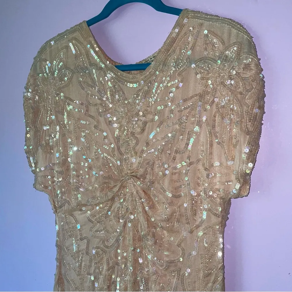 Vintage Size M Pastel Peach Silk Sequin Ball Gown Formal Dress Modest Hoco Prom Orange Size M - Image 2