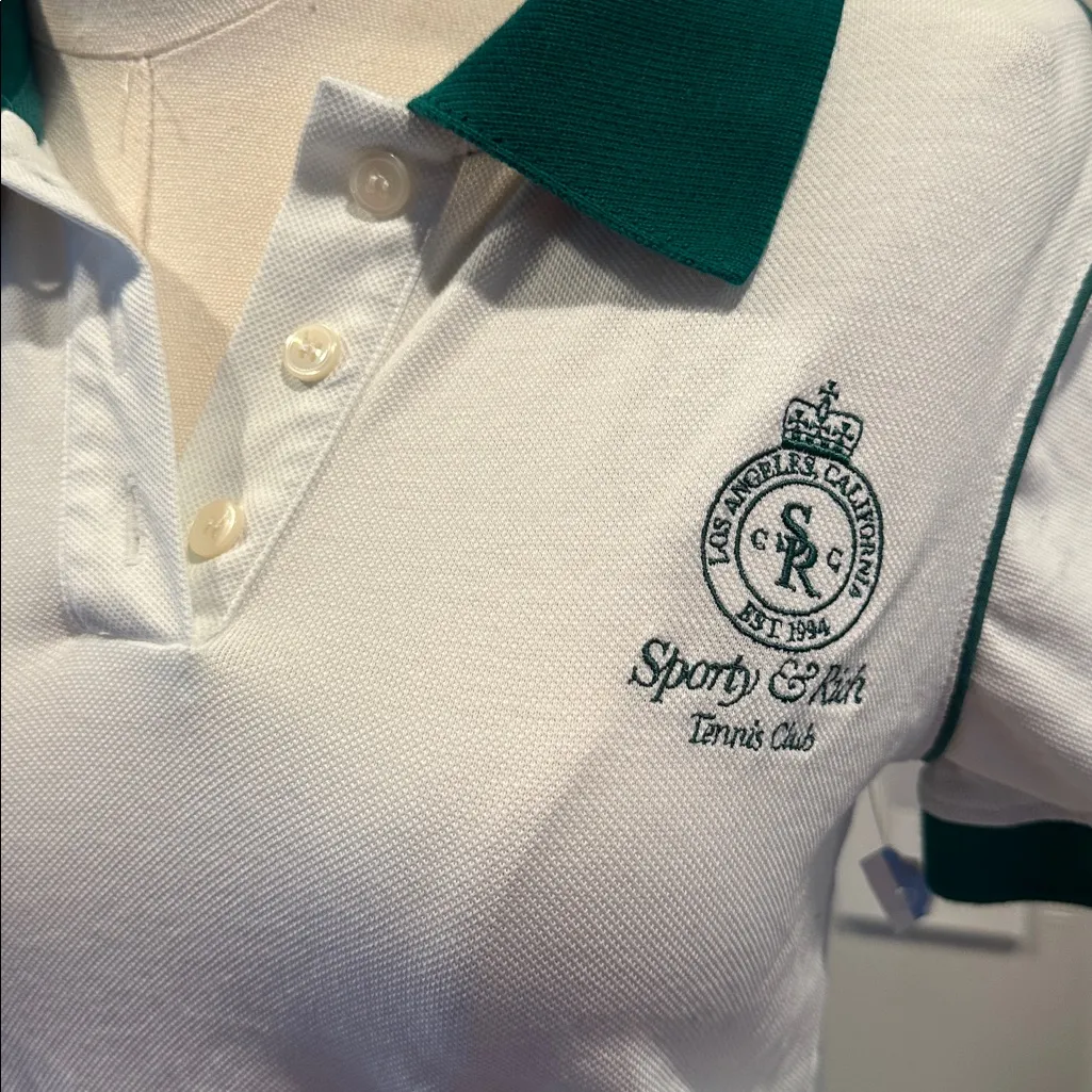 Sporty & Rich Crown Embroidered 70s Pique Polo New! White Size XS - Image 8