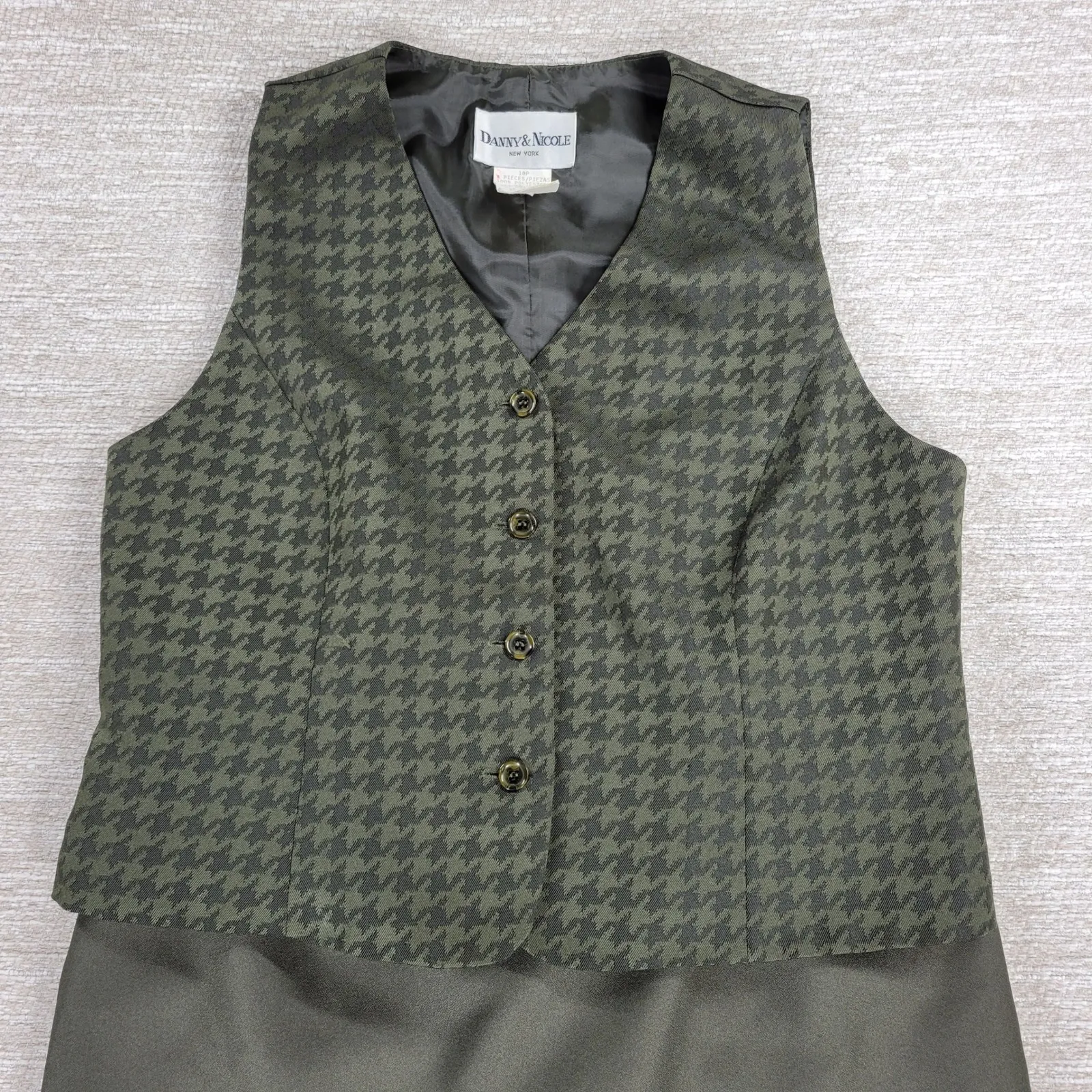 VTG Danny & Nicole Skirt Suit Size 10P Olive Green Houndstooth Vest Pencil Work - Image 11