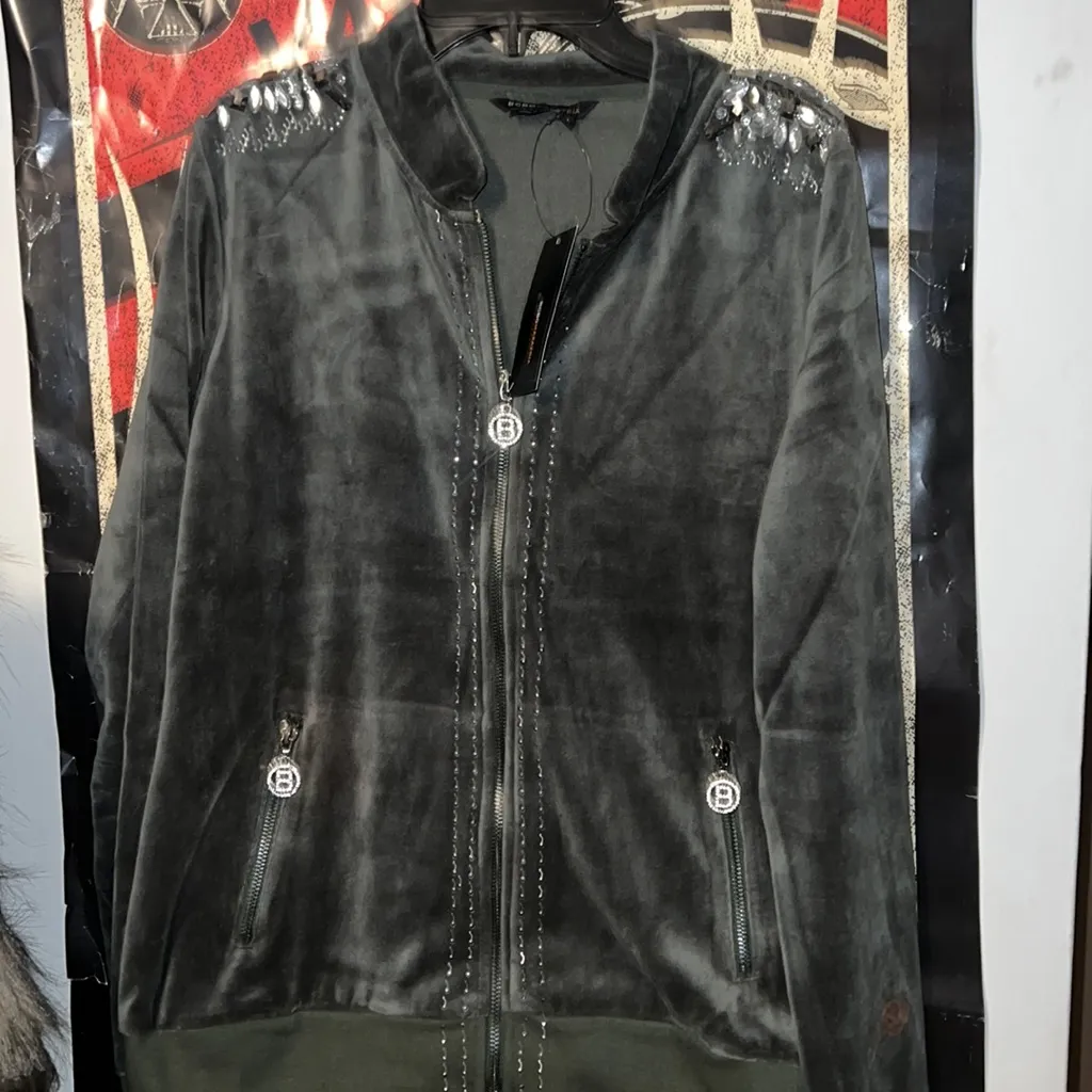 BCBG MAXAZRIA Velour Jacket & Pant Set Jeweled Rhinestone Size L  Green - Image 4