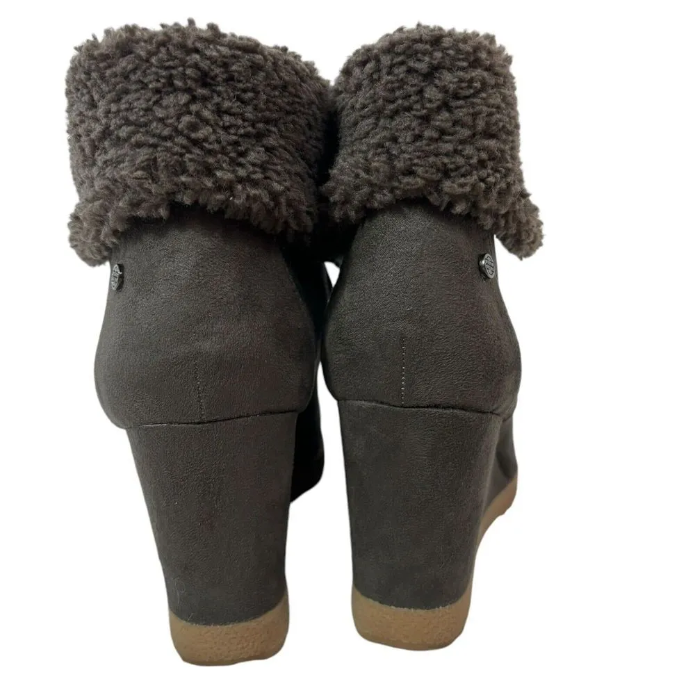 Dana Buchman Brown Lace Up Wedge Ankle Booties Fur Trim Faux Suede Helma Size 10 - Image 5