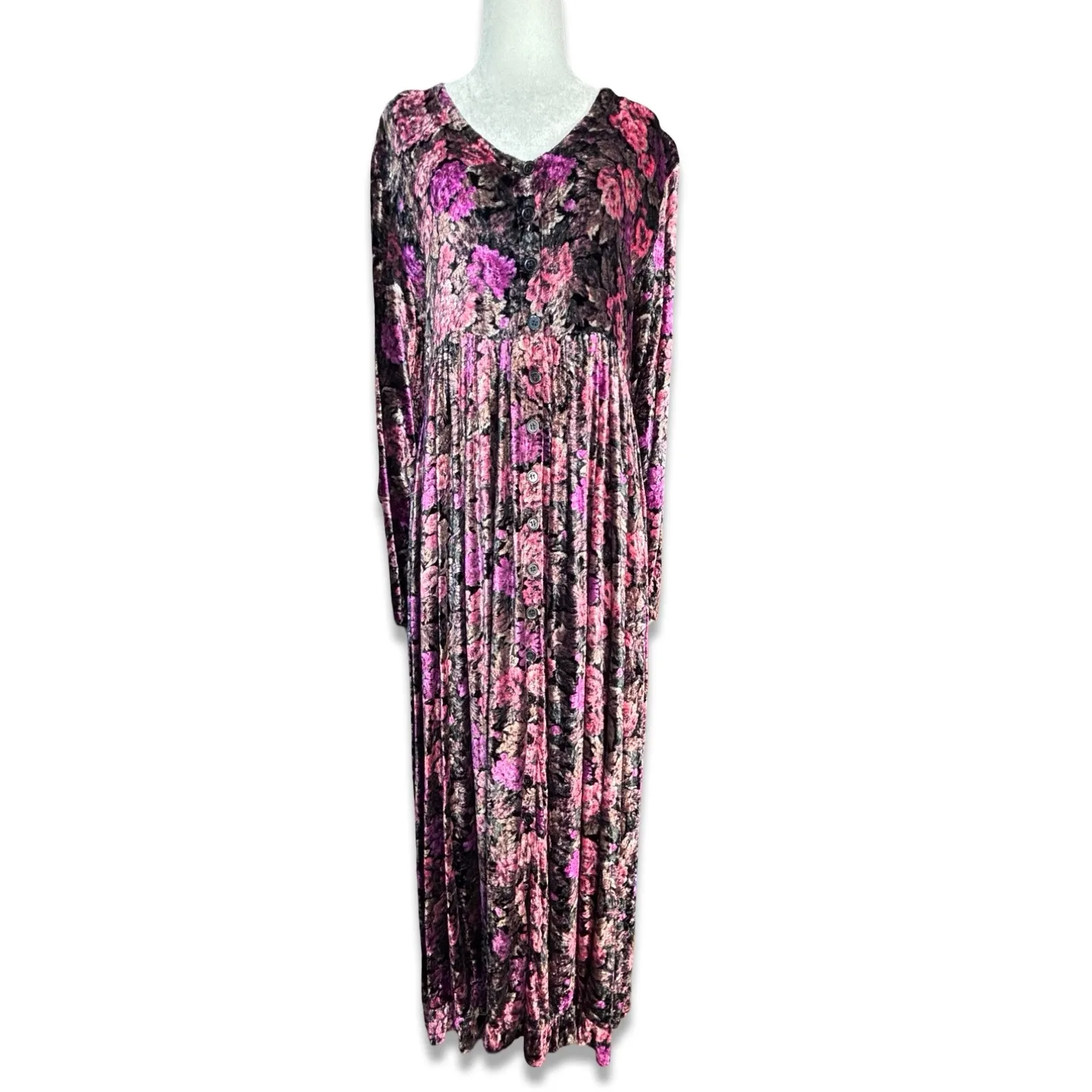 Vintage Nostalgia Dark Floral Velvet Maxi Dress Long Sleeve Button Front Fairy Black Size M - Image 3