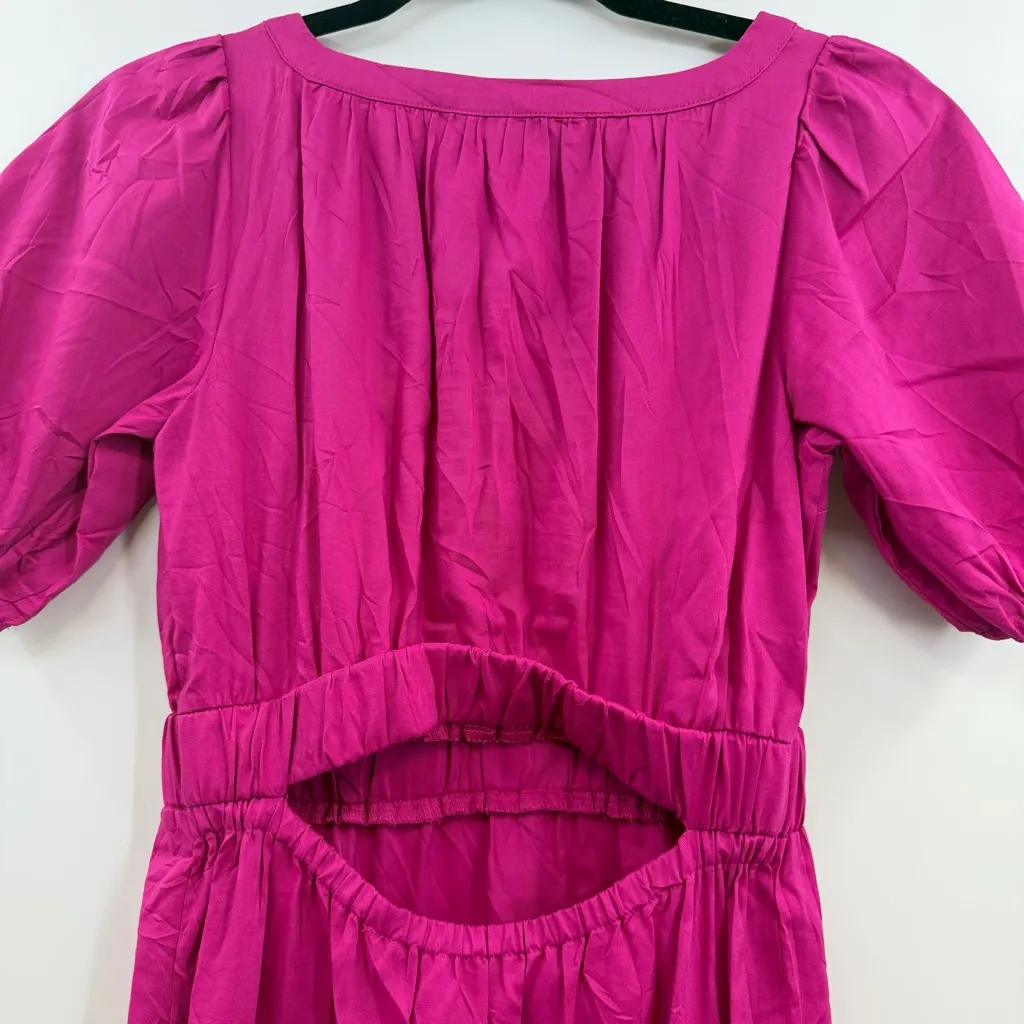 LOFT Midi dress hot vibrant pink short puff sleeves V-neck Open back cutout XSP - Image 7