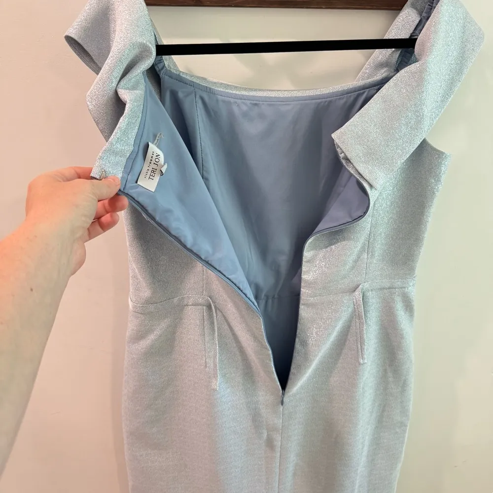 Rickie Freeman for Teri Jon Off Shoulder Metallic Jacquard Ice Blue Column Gown Size 16 - Image 14