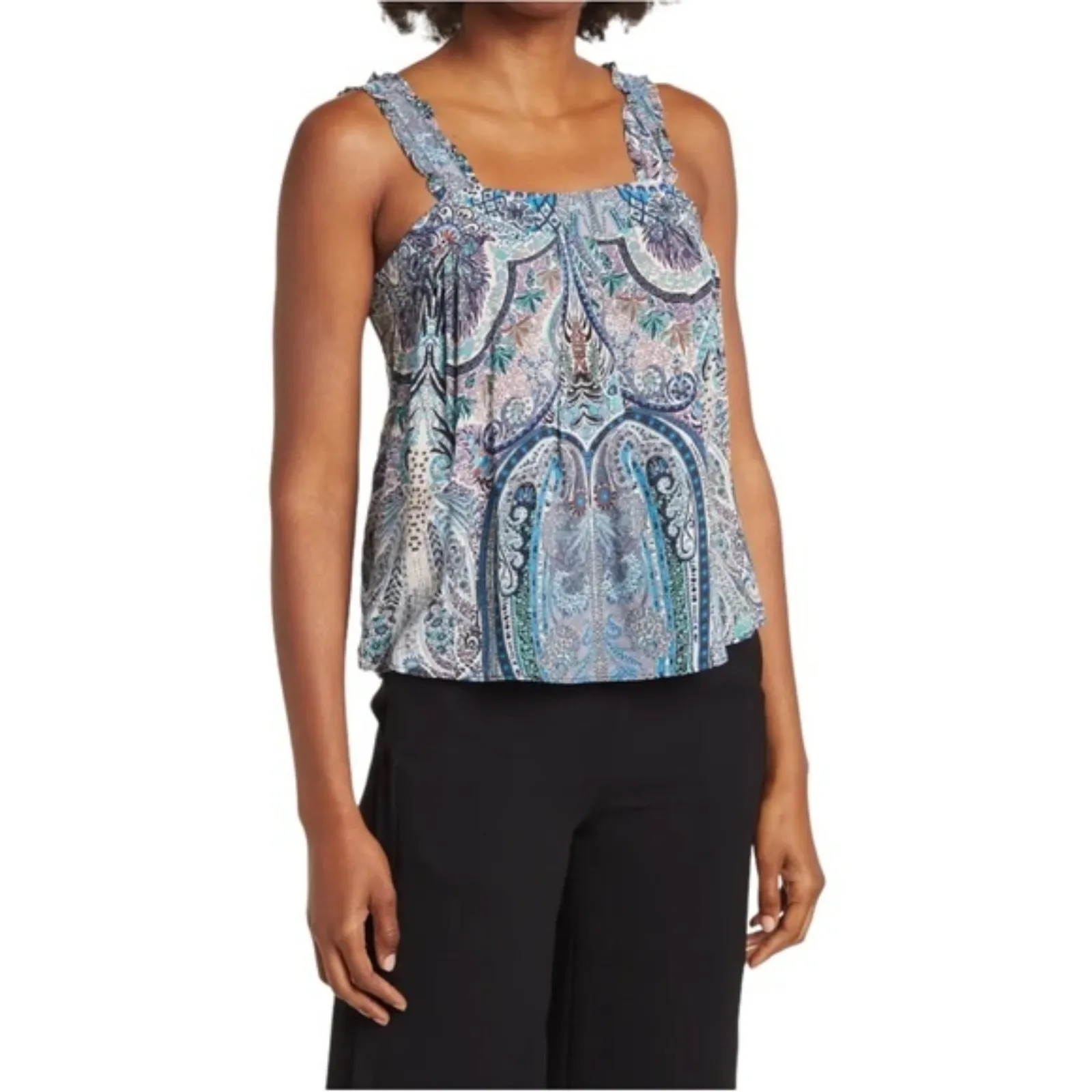 NWT Catherine Malandrino Square Neck Ruffle Strap Tank Blue Paisley Size XL NEW - Image 14