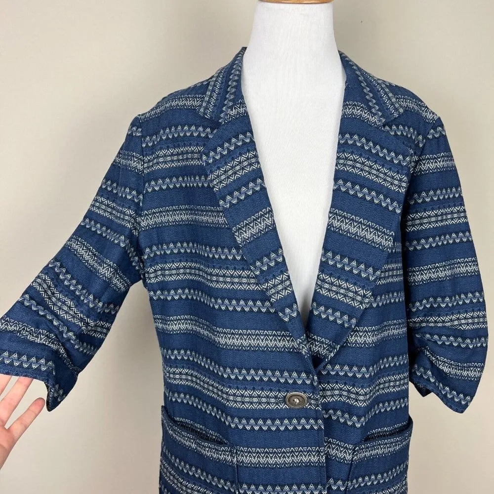 Karen Kane Blazer Jacket Women XL Blue White Ruched Elbow Sleeve Jacquard Cotton - Image 3