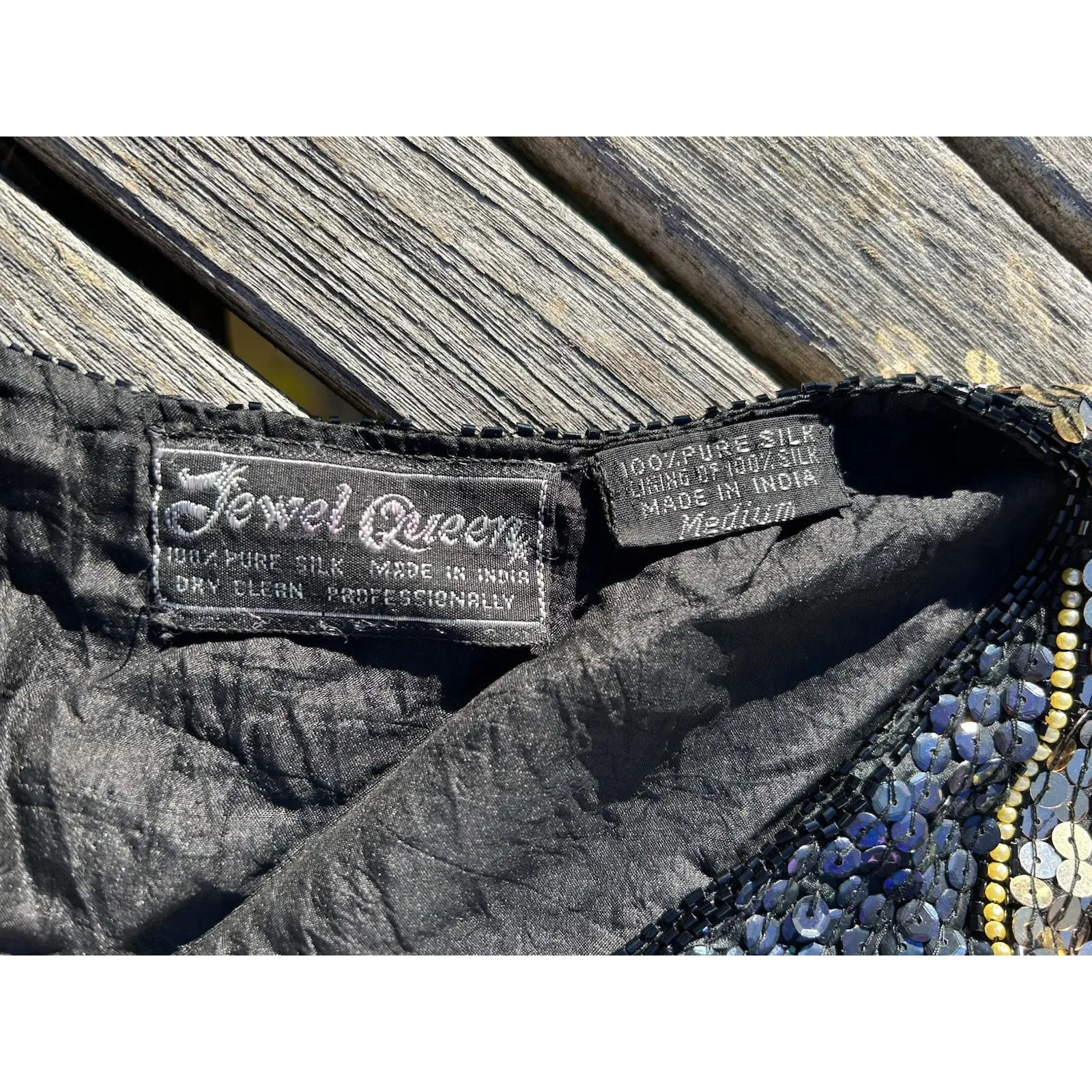 Jewel Queen Pure Silk Black Vintage Short Sleeve‎ Sequined Evening Top Medium Gold - Image 5