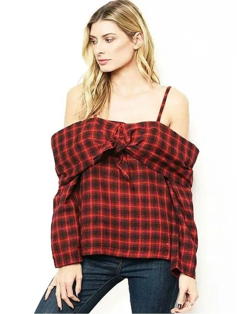 Loveriche medium buffalo plaid bow top spaghetti straps adjustable bow front NWT - Image 13
