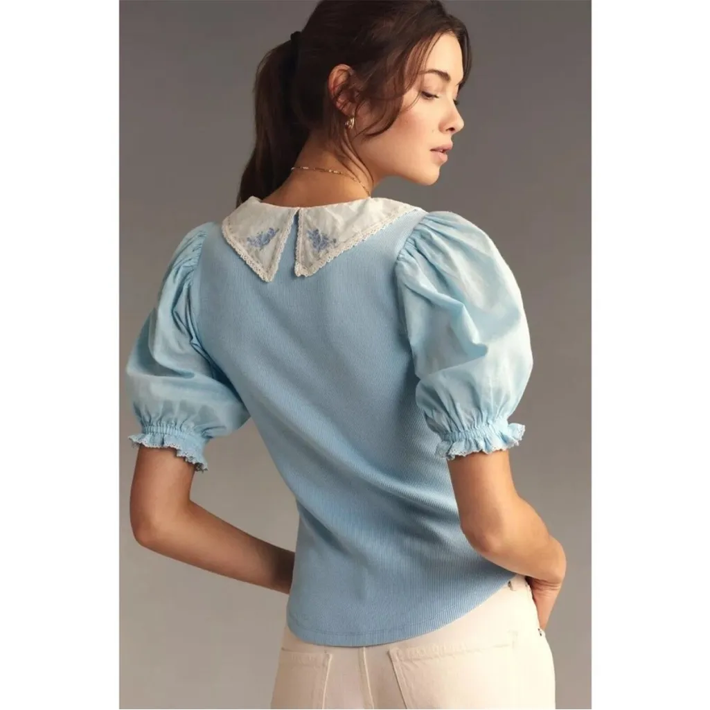 Athropologie Light Blue Embroidered Peter Pan Collar Ribbed Puff Top Blouse XS - Image 8
