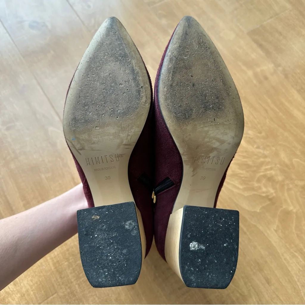 Himitsu Burgundy Suede Pointed Toe Ankle Booties, Size 39 Red - Image 12