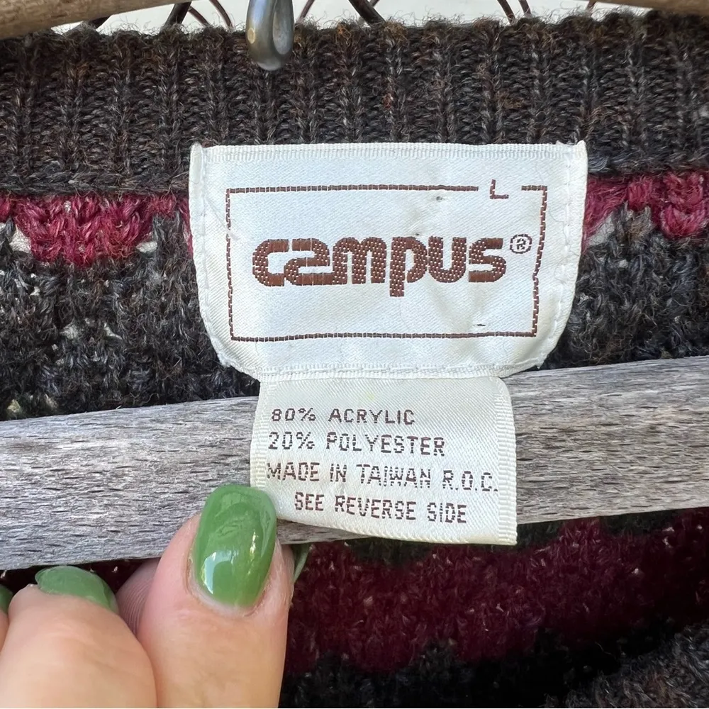 Vintage Campus Textured Knit V Neck Stripe Sweater Dark Maroon Navy Green LARGE - Image 4