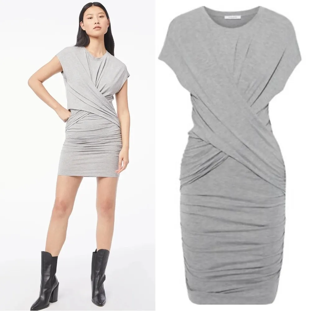 Frame Shirred Muscle Tee Shirt Dress Gris Heather Ruched Midi Stretchy Y2K Style - Image 2