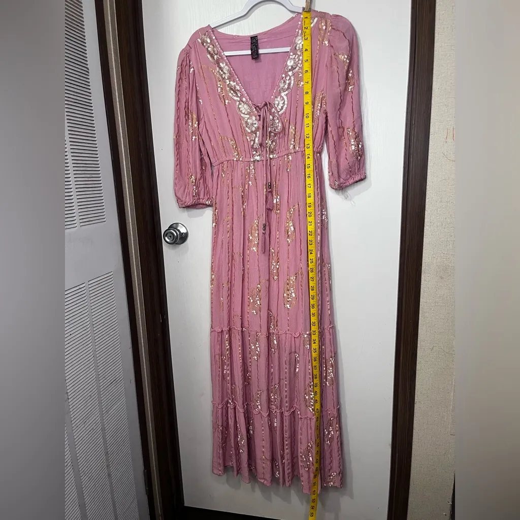 Anthropologie Pink Long Sleeve Dress with Gold Accents - Image 2