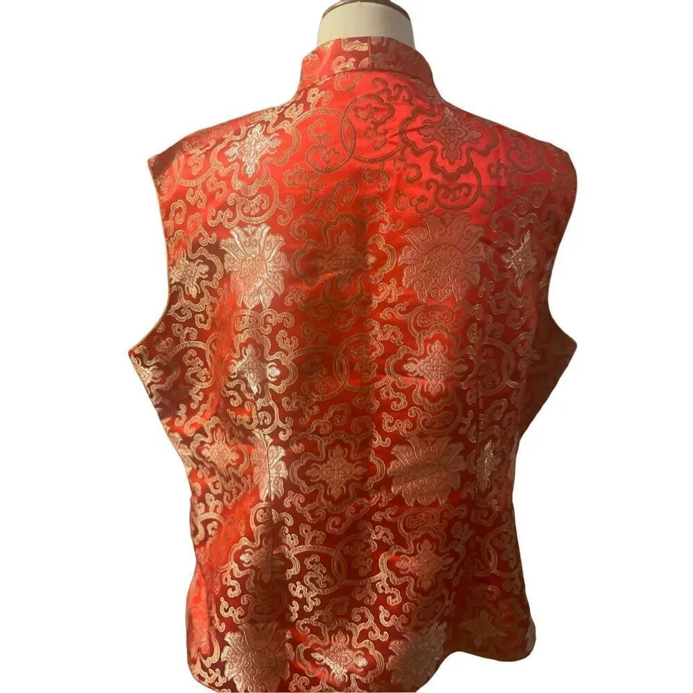 Asian Red and Gold Vintage 100% Silk Sleeveless Vest Size XXL - Image 3