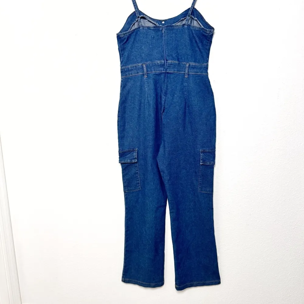 Heart & Heels Sweetheart neckline Bootcut cargo denim jumpsuit romper size L NWT Blue Size L - Image 6