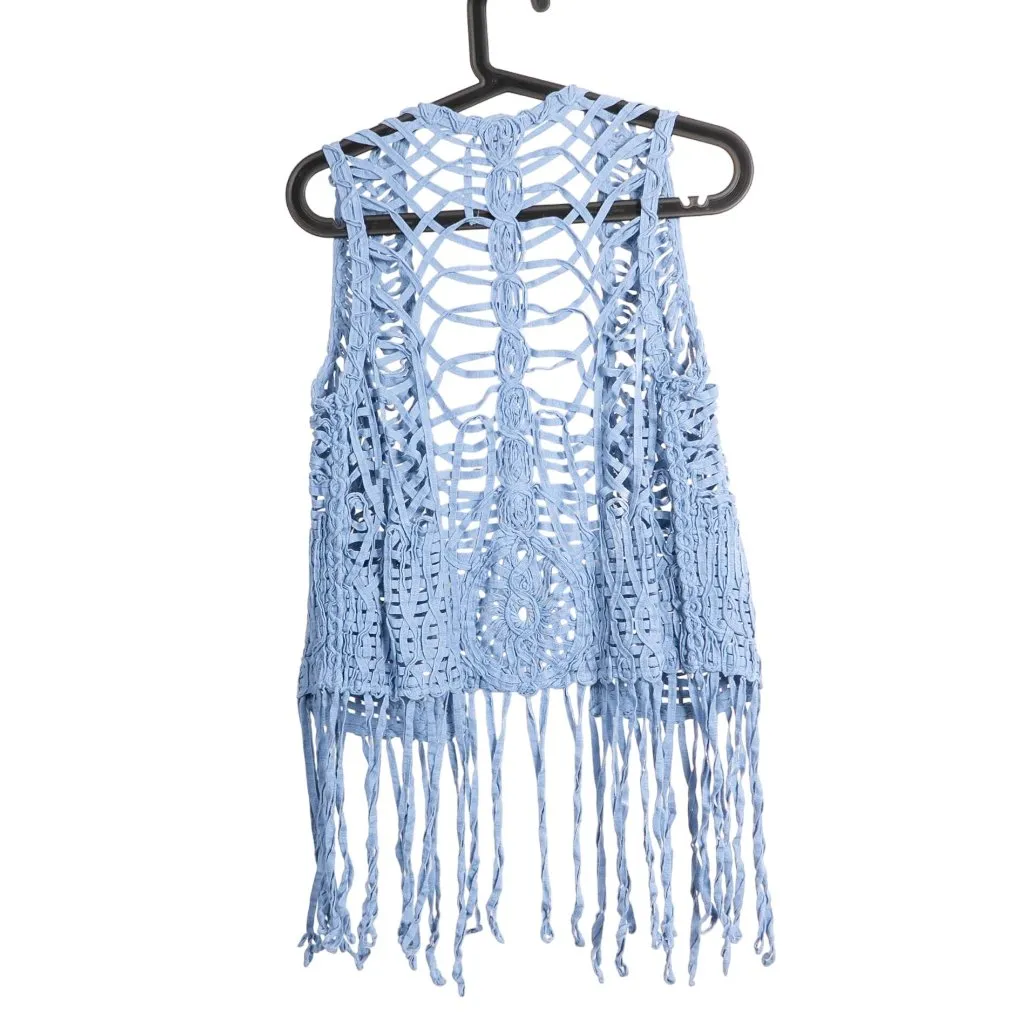 Cato Boho Crochet Vest M Womens Blue Fringe Indie Peasant Layering Hippie Earthy - Image 4