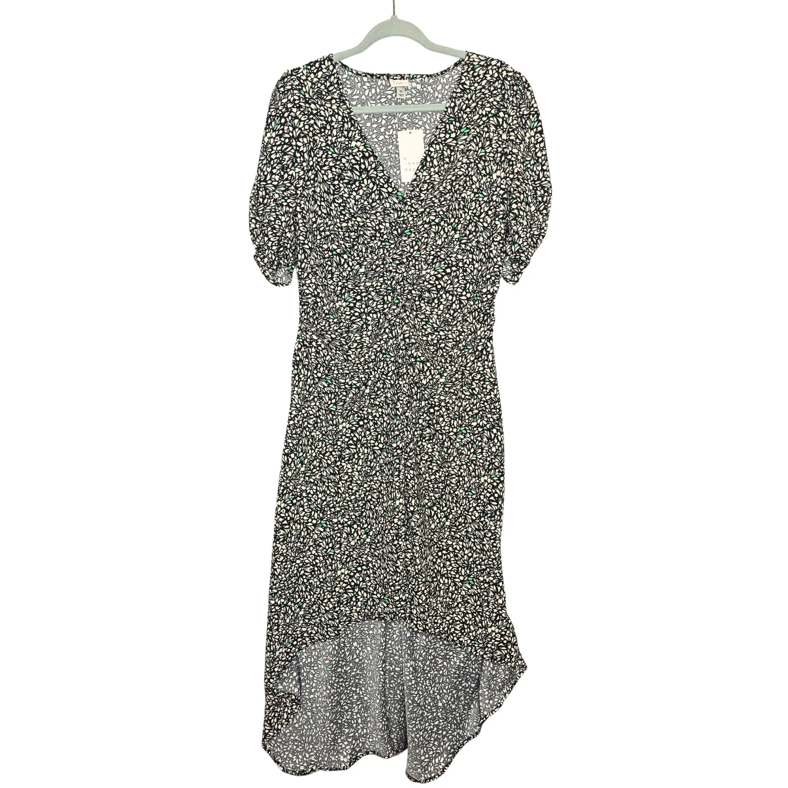 A New Day Floral Short Puff Sleeve Crepe Midi Dress Size XL Black Off-White New - Image 2