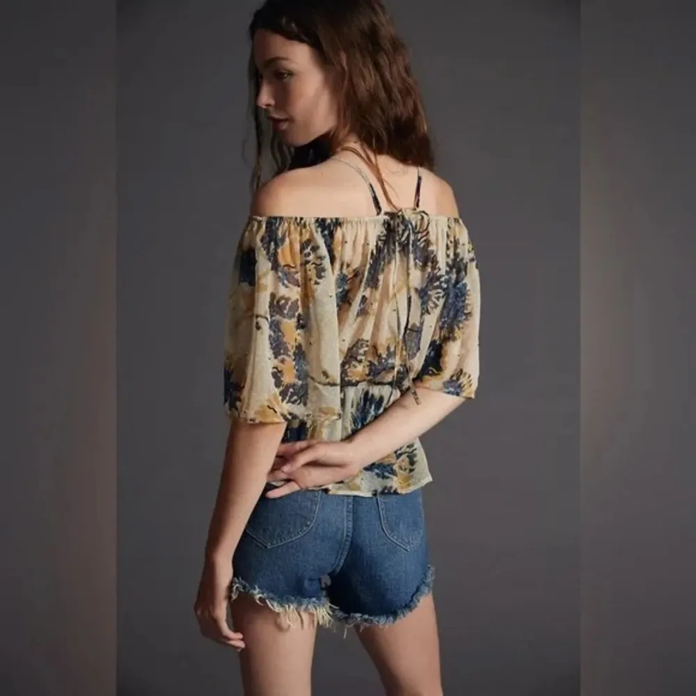 NWT Anthropologie Let Me Be Off The Shoulder Sheer Blouse Tan Yellow Beaded XS - Image 3