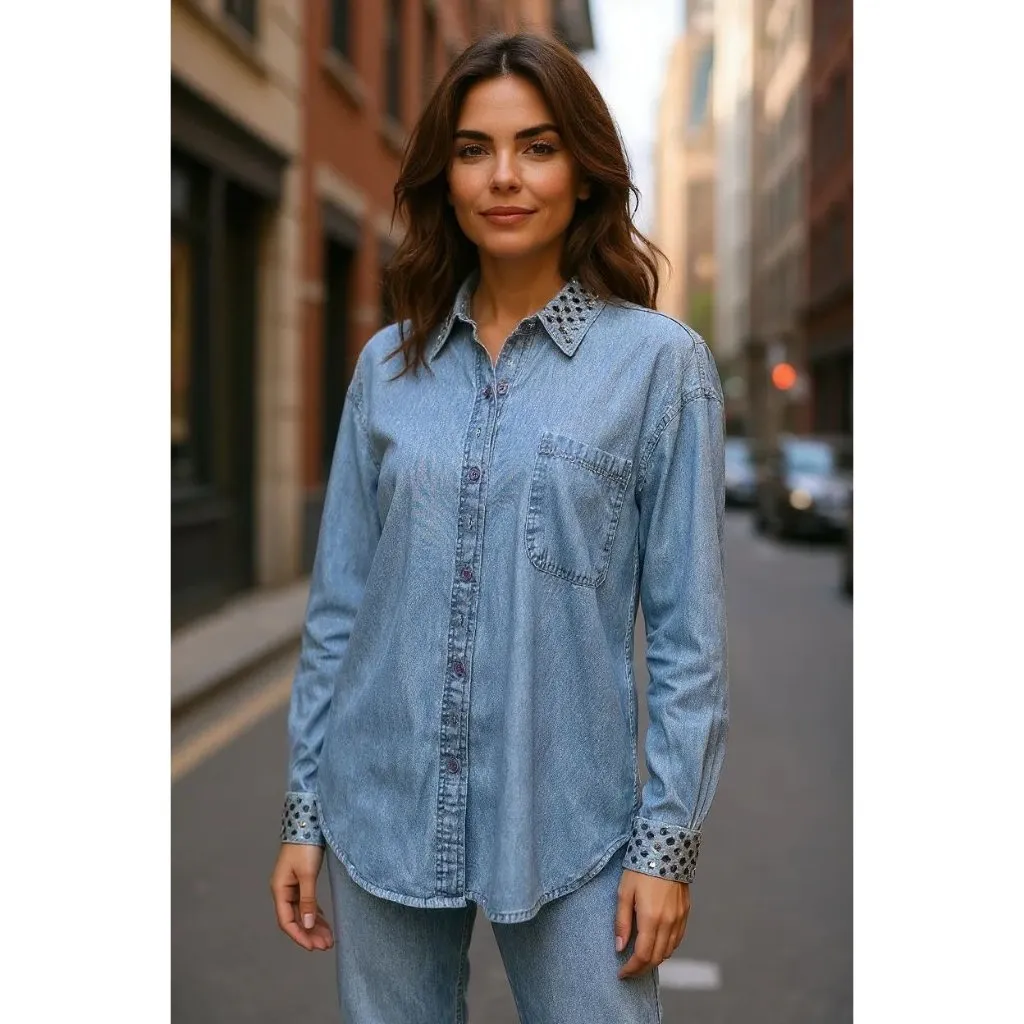 Vintage 80s Grand Ole Opry L/XL Blue Denim Button Down Shirt Rhinestone Studs - Image 2