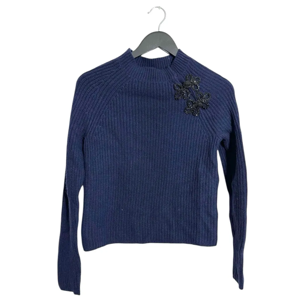 NWT J.Crew Navy Beaded Mock Neck Ribbed Sweater Women’s Size Small Holiday Party - Image 2