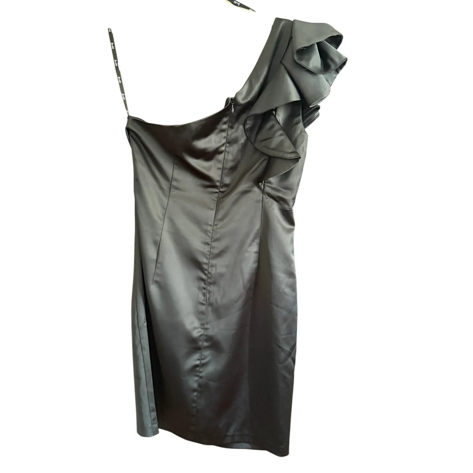 BARDOT | Black Satin One Shoulder Ruffle Sleeve Mini Cocktail Dress LBD | Size 6 - Image 4