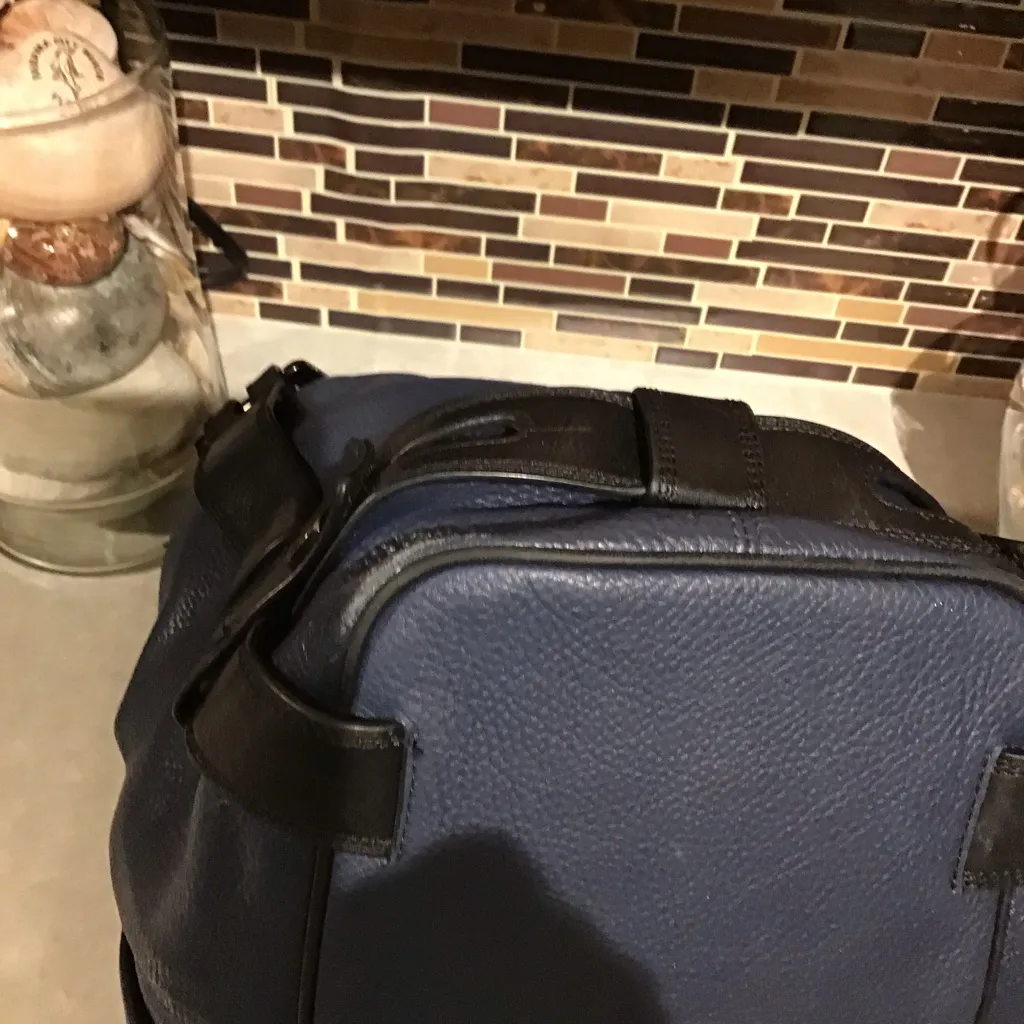 Michael Kors Leather Harness Luggage Grab Bag Satchel Tote Navy Blue - Image 11