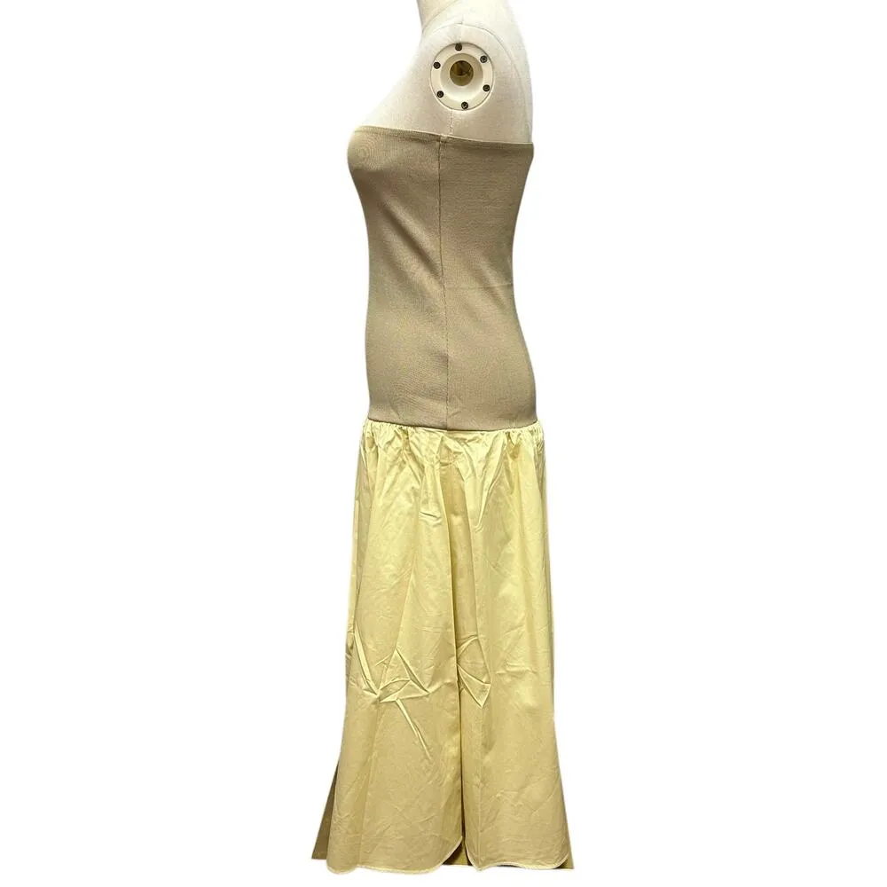 WEWOREWHAT Sz Large Oat Wheat Yellow Rib Cotton Poplin Tube Top Midi Dress - Image 2