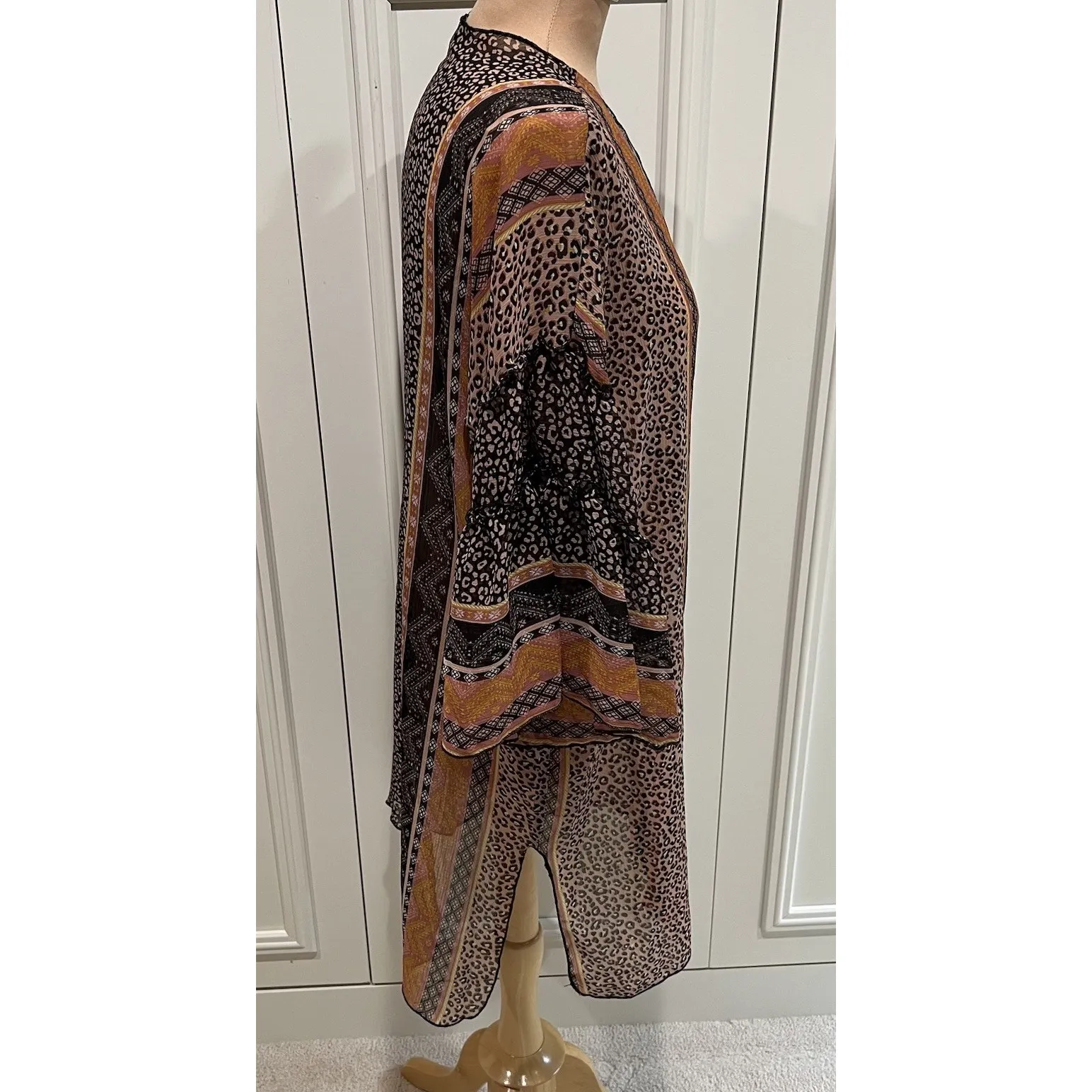 Democracy Animal Print Sheer‎ Kimono Cardigan Ruffle Bell Sleeve Bohochic Hippie - Image 4