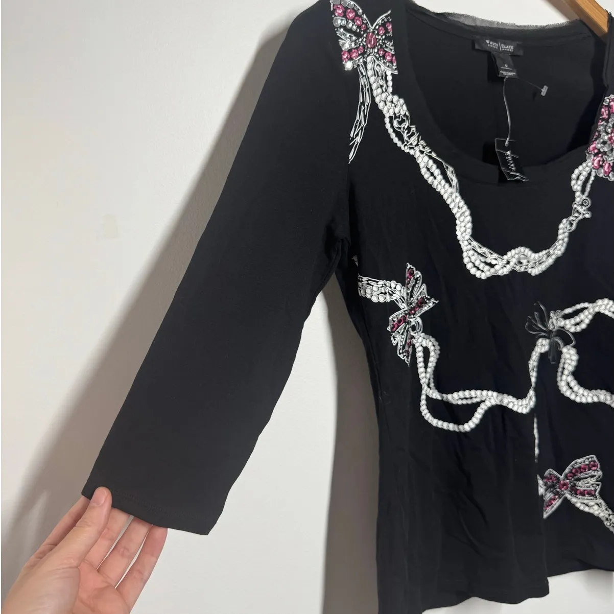 White House Black Market NWT Top Women S Black Pink Bling Bow Y2K Bratz Coquett - Image 3