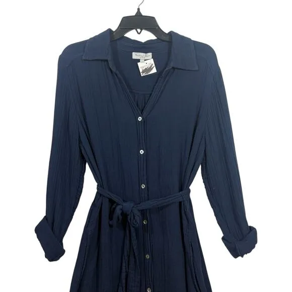 Michael Stars Navy Cleo Gauze Button‎ Up Shirt Dress Long S - Image 3
