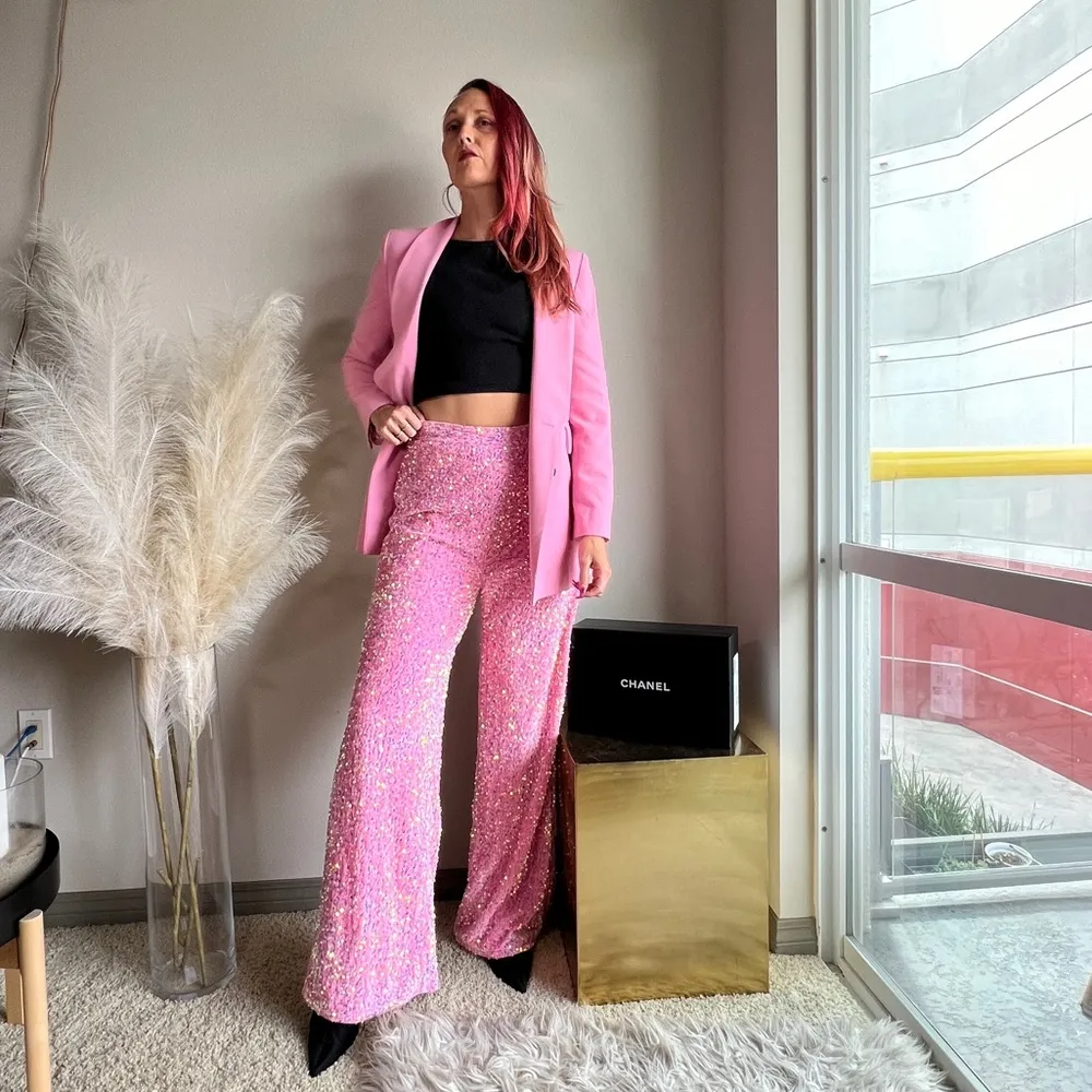 NWOT pink sequin glitter wide leg pants - Image 2