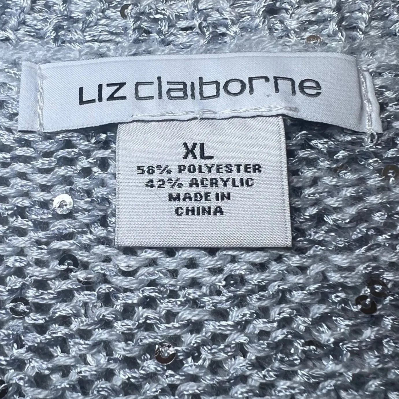 Liz Claiborne V Neck Sweater Womens XL Silver Sequin Long Sleeve Knit Sparkly - Image 4