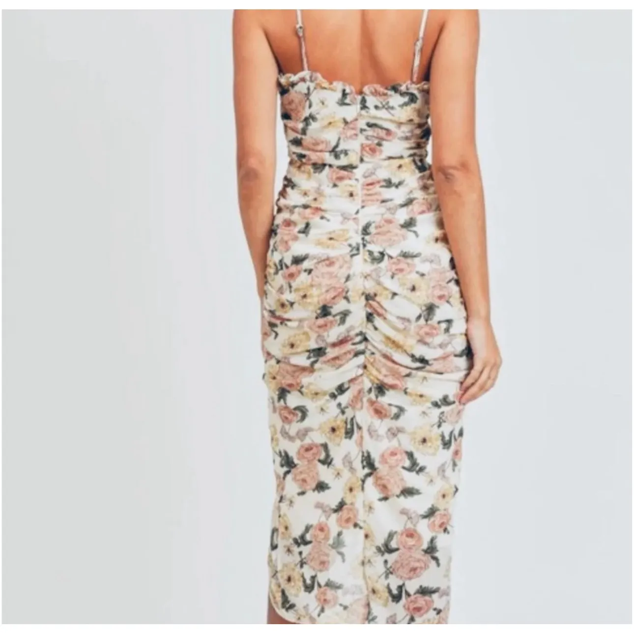 Mable Floral Print Ruched Bodycon Dress Spaghetti Strap Midi Slit - Image 8