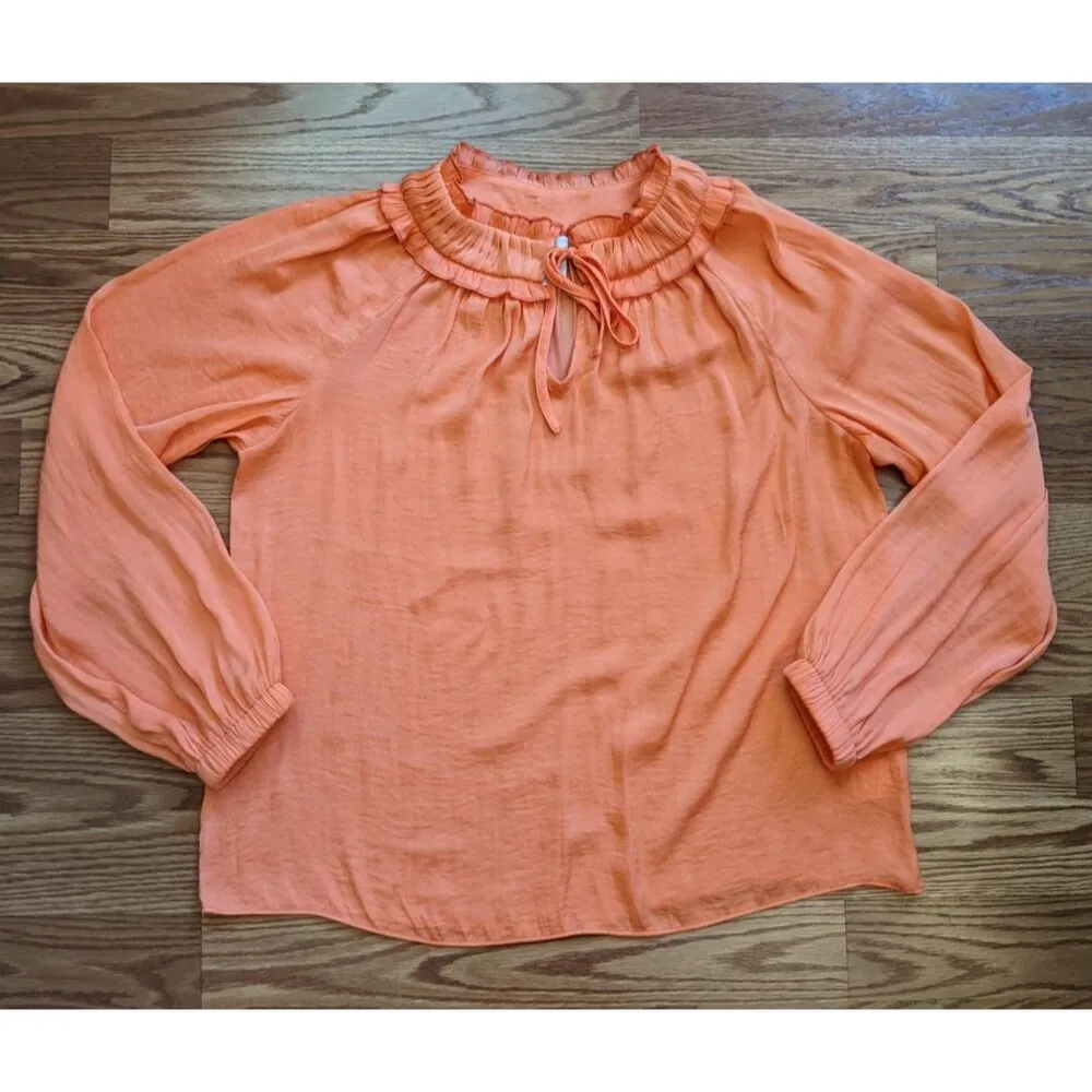 Joie Ladies Orange Ruffle Neck Blouse Ties Career Boho Chic Preppy Peasant Med - Image 2