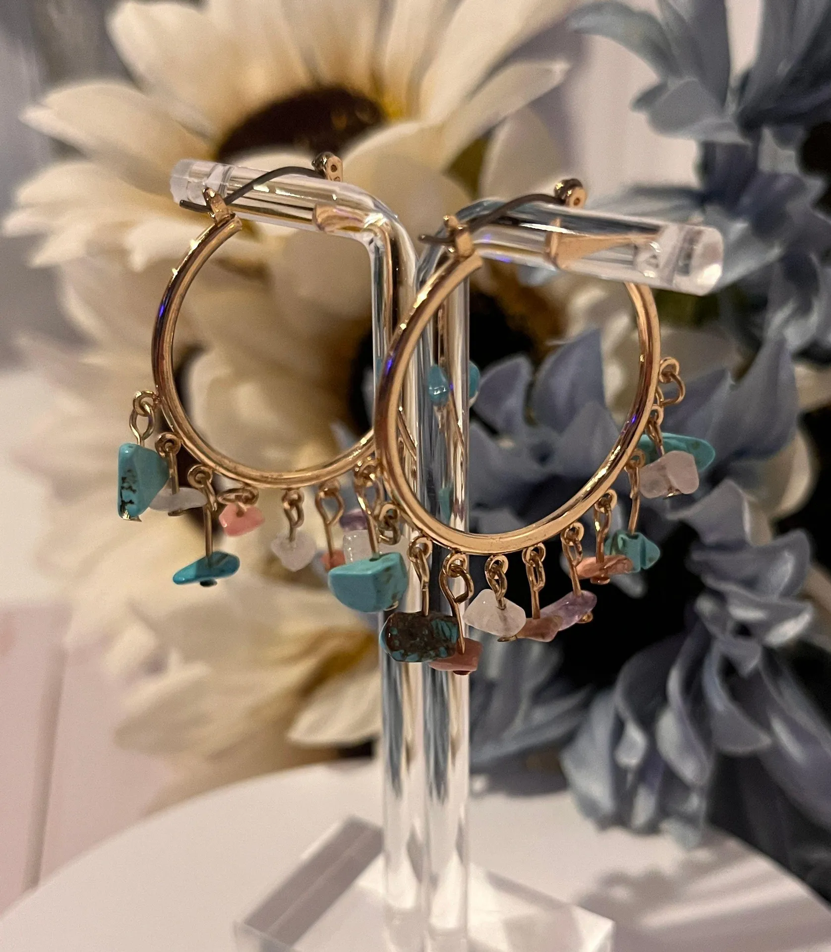 Colorful Natural Gravel Stone Hoop Earrings  - Image 4