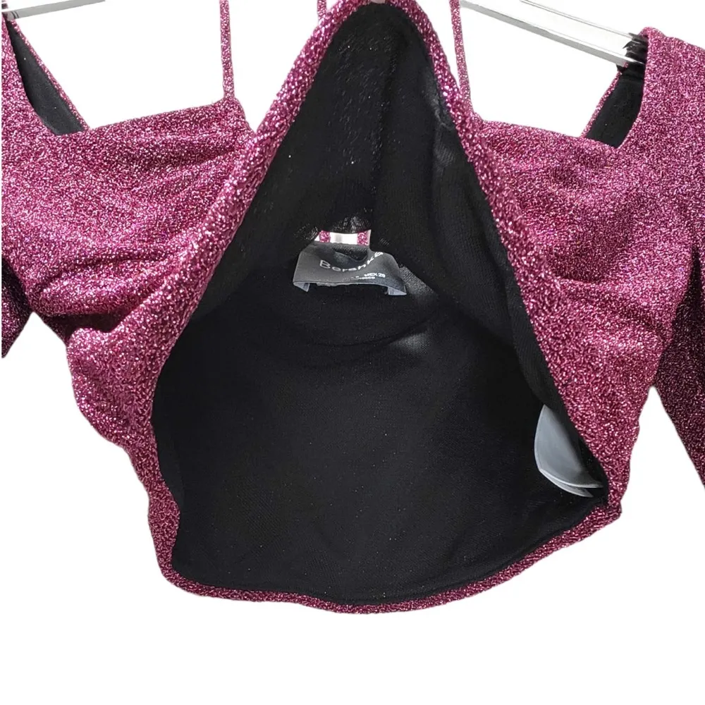 Halter Neck Tie Long Sleeve Cropped Sparkly Top in Purple/Black - Image 6
