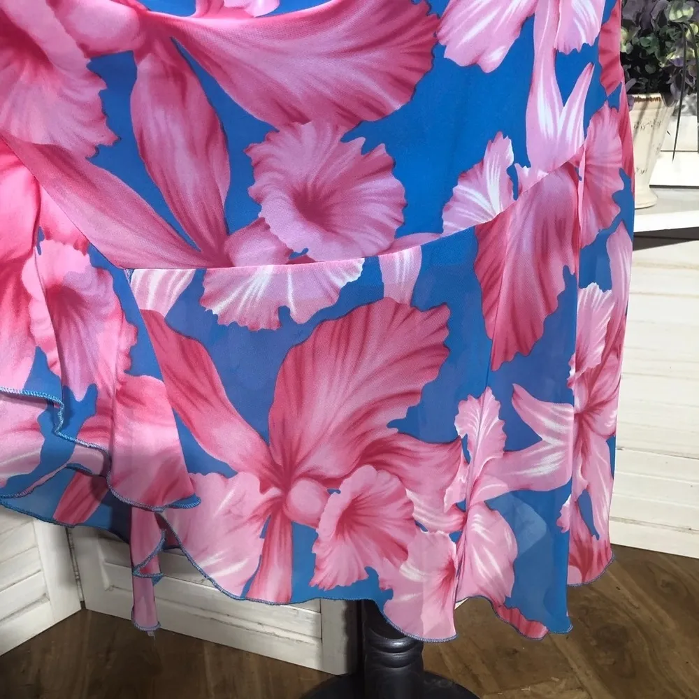 Vintage Y2K Midi Sundress Tropical Floral Print Teal Pink Size Medium - Image 9