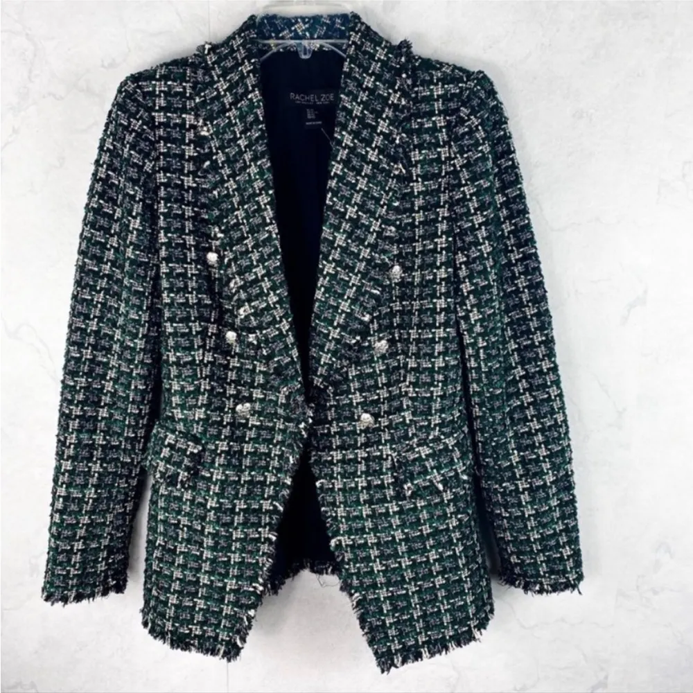 Rachel Zoe Classic Tweed Weave Texture Blazer Jacket Green/Silver Size XS NEW - Image 8