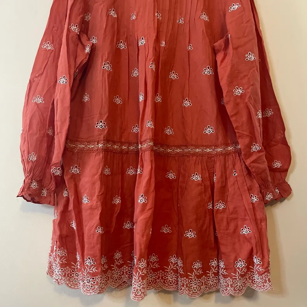 ZARA Ruffled Eyelet Embroidered Boho Long Sleeve Mini Dress in Coral Size S - Image 7