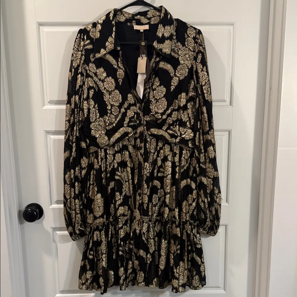 byTiMo Women's Black Belted Tiered Brocade Mini Dress XL NWT - Image 2