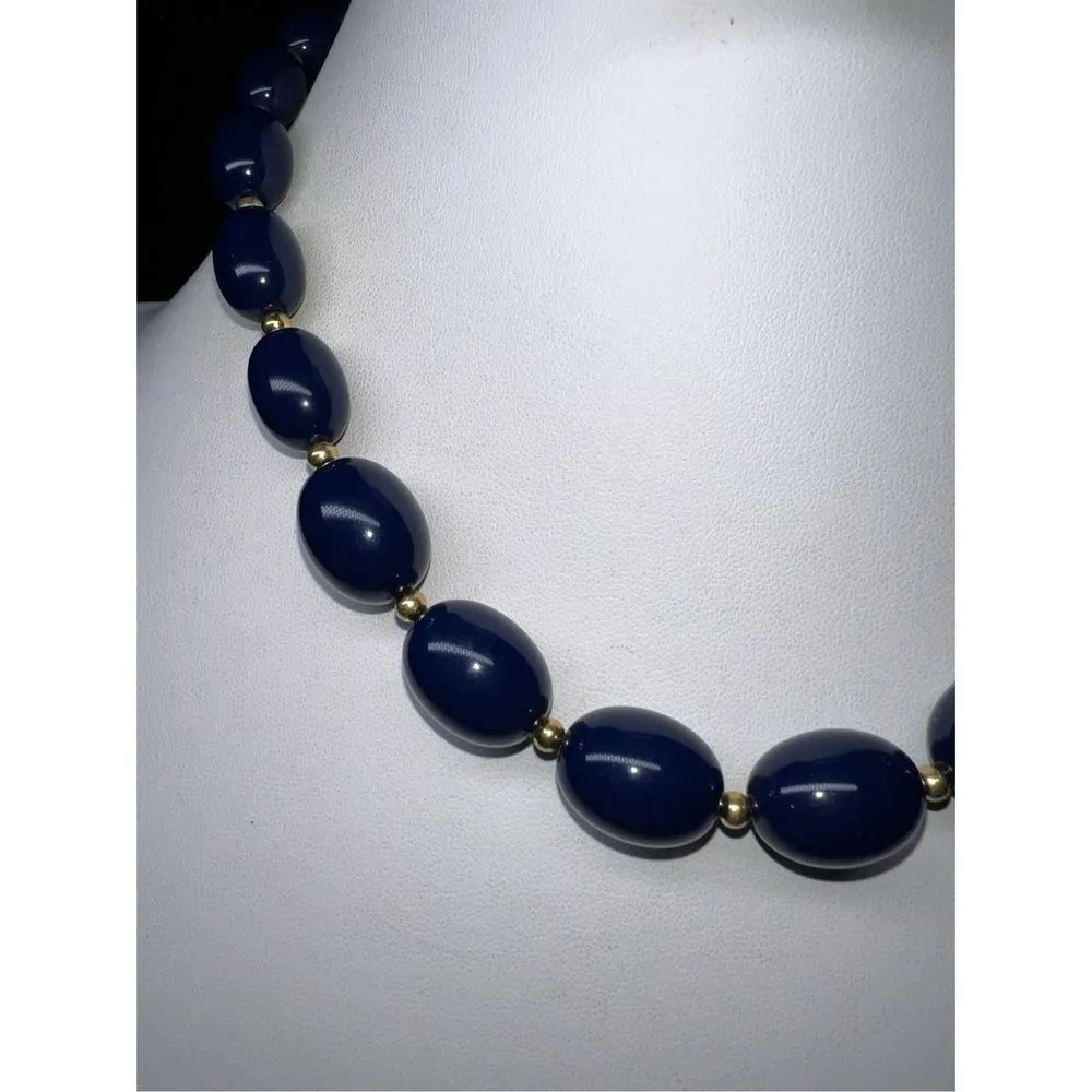 Vintage Signed Monet Navy And Gold Tone Beaded Necklace - Image 2
